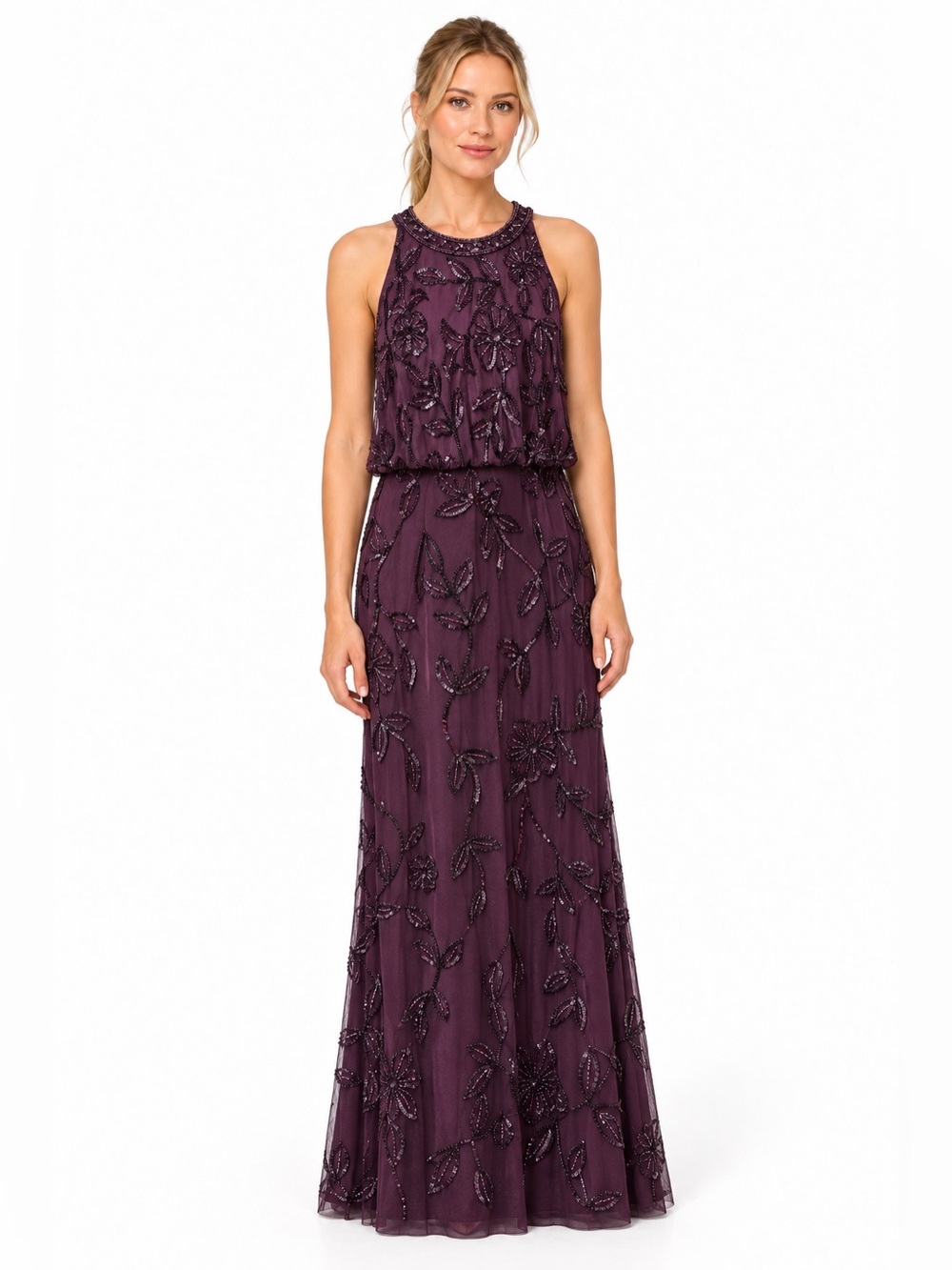 Adrianna Papell SZ 8 Plum Beaded Sequin Floral Evening Gown NWT GALA MOB Formal